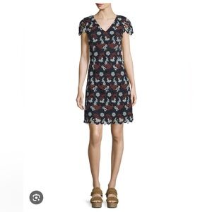 Tory Burch Cap-Sleeve Guipure Lace Sheath Dress, Navy/Silver Sage